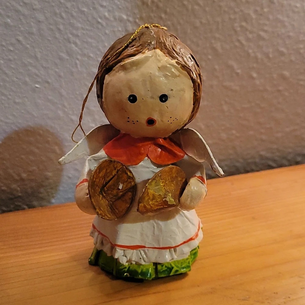 Vtg Handmade Paper Mache Glazed Angel Christmas Tree Ornament Cymbals Music